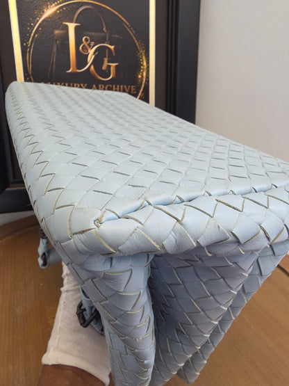 Bottega Veneta Roma Intrecciato Tote Bag in Light Blue with Brunito Hardware