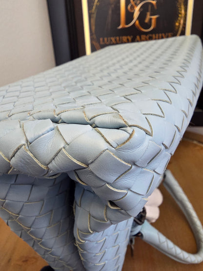 Bottega Veneta Roma Intrecciato Tote Bag in Light Blue with Brunito Hardware