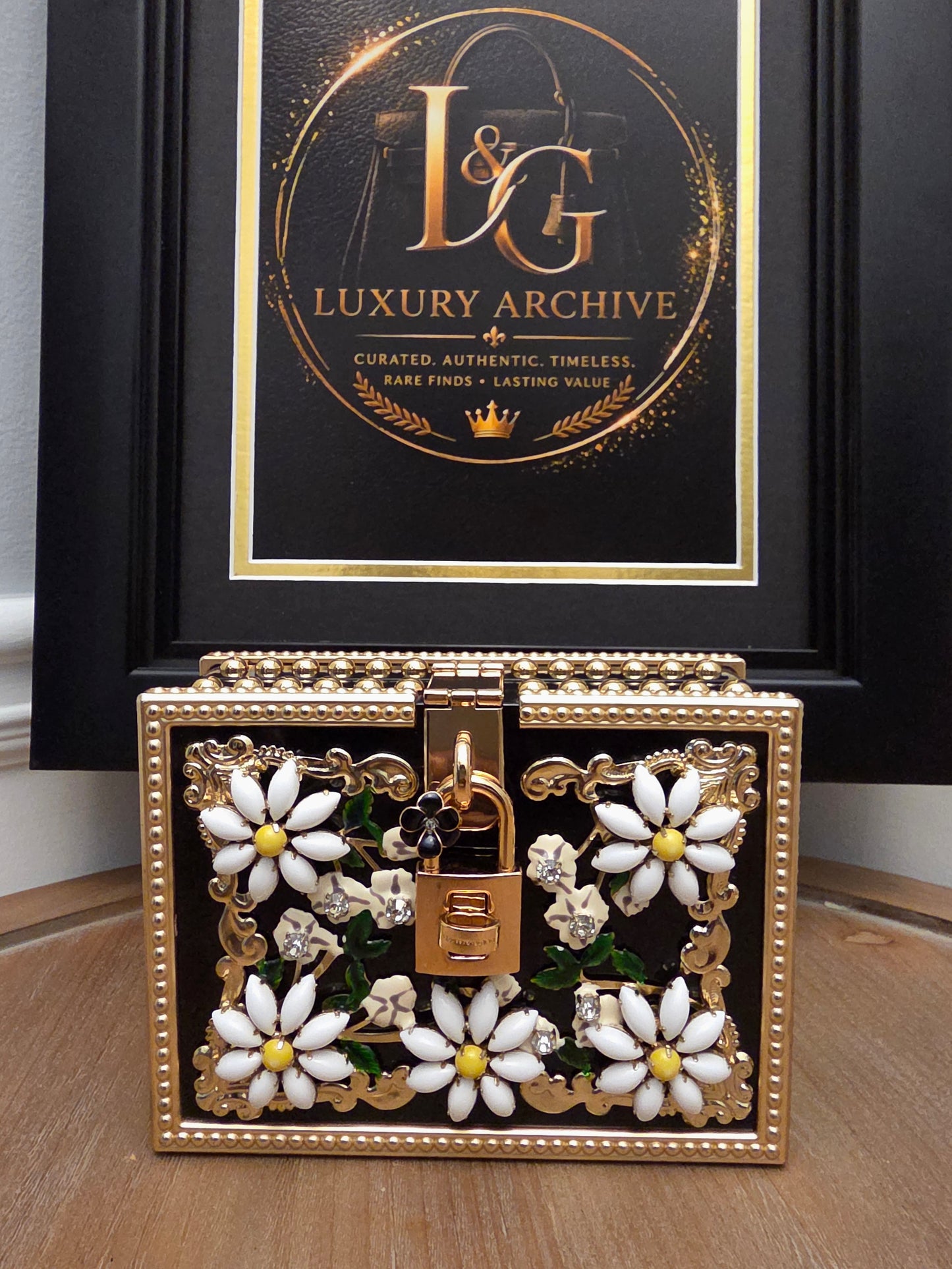 Dolce & Gabbana Floral Daisy Embellished Acrylic Box Clutch Minaudière Black & Gold