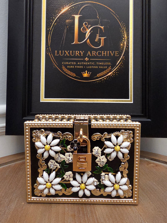 Dolce & Gabbana Floral Daisy Embellished Acrylic Box Clutch Minaudière Black & Gold