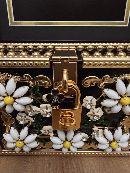 Dolce & Gabbana Floral Daisy Embellished Acrylic Box Clutch Minaudière Black & Gold