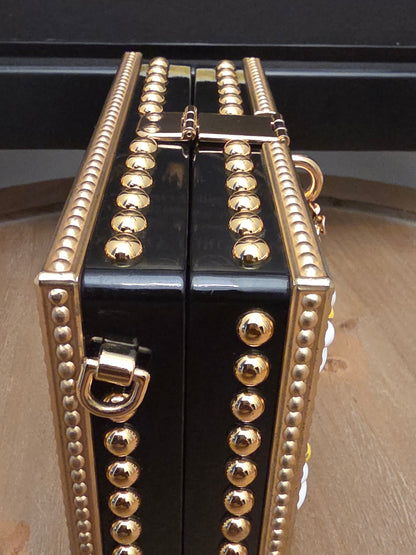 Dolce & Gabbana Floral Daisy Embellished Acrylic Box Clutch Minaudière Black & Gold