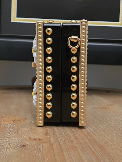 Dolce & Gabbana Floral Daisy Embellished Acrylic Box Clutch Minaudière Black & Gold