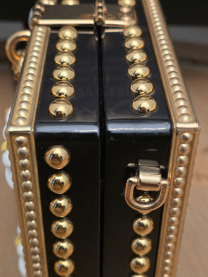 Dolce & Gabbana Floral Daisy Embellished Acrylic Box Clutch Minaudière Black & Gold
