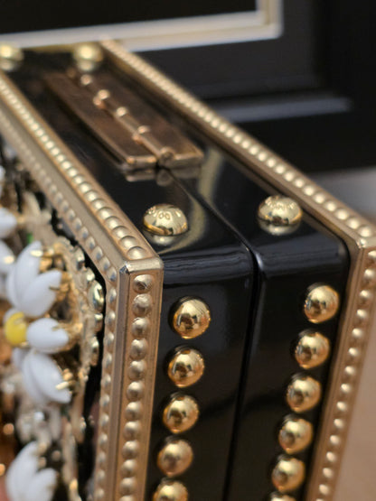 Dolce & Gabbana Floral Daisy Embellished Acrylic Box Clutch Minaudière Black & Gold