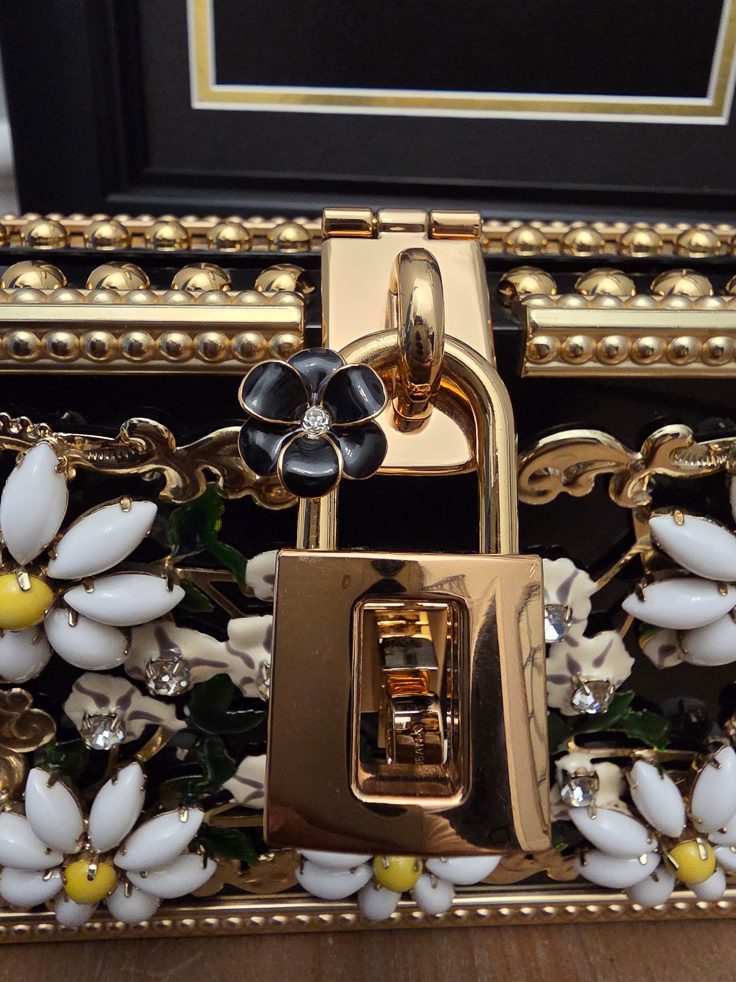 Dolce & Gabbana Floral Daisy Embellished Acrylic Box Clutch Minaudière Black & Gold