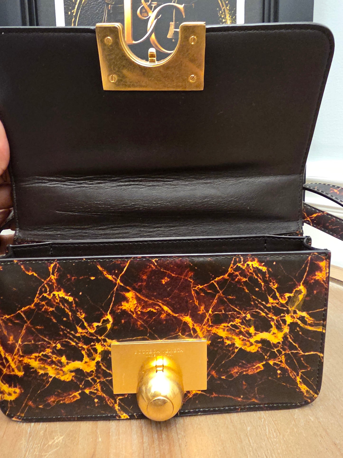 Rare Bottega Veneta Marble Print Leather Shoulder Bag Gold Sphere Hardware Italy