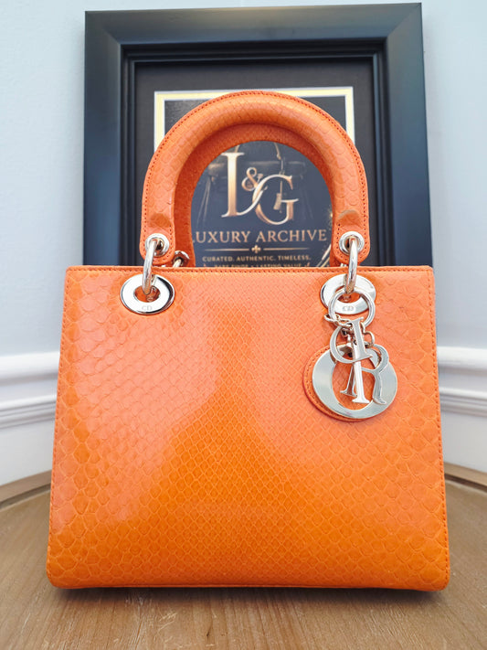 🧡 Christian Dior Medium Lady Dior Python Leather Bag in Orange with Silver Hardware & Strap