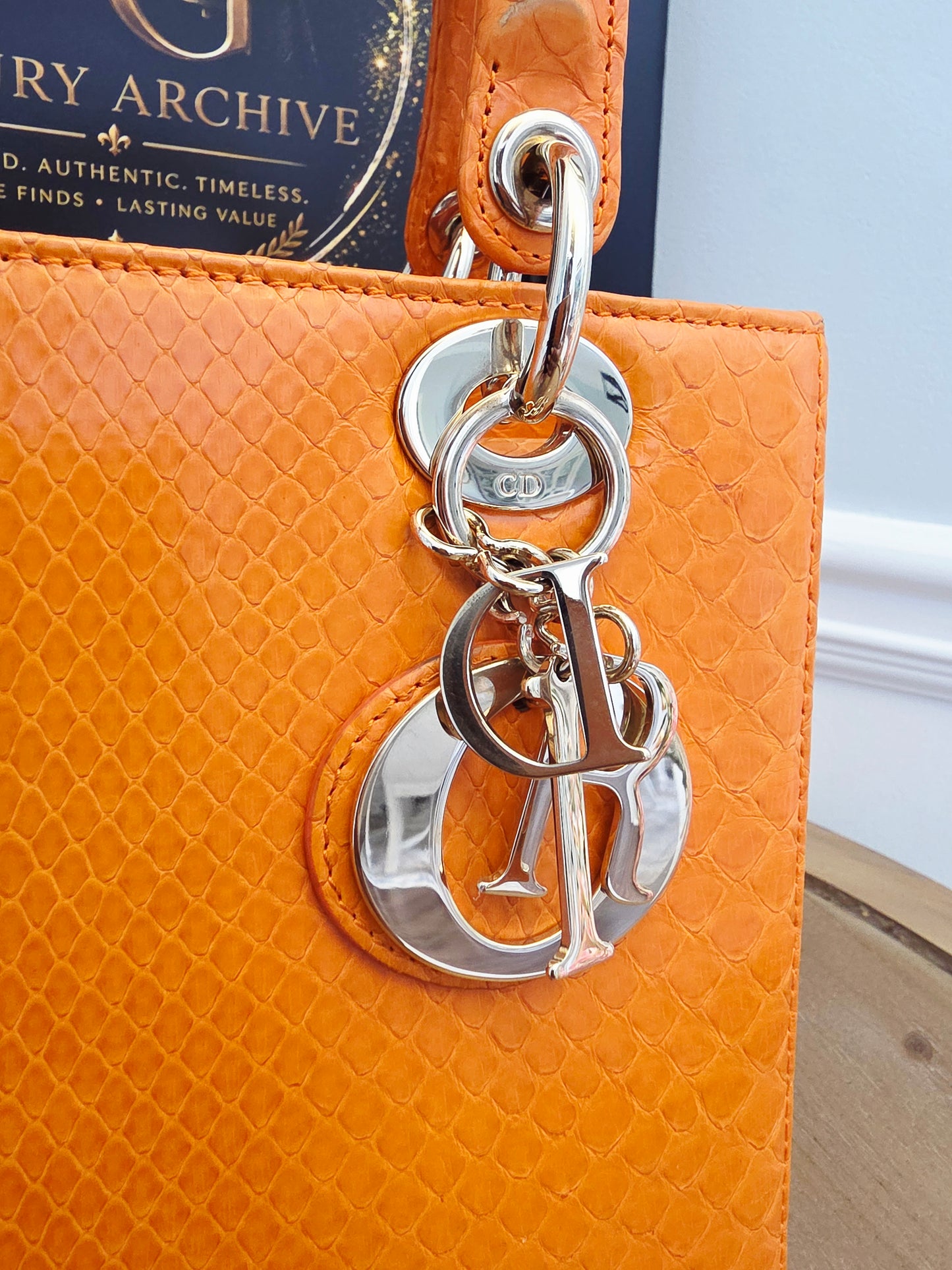 🧡 Christian Dior Medium Lady Dior Python Leather Bag in Orange with Silver Hardware & Strap