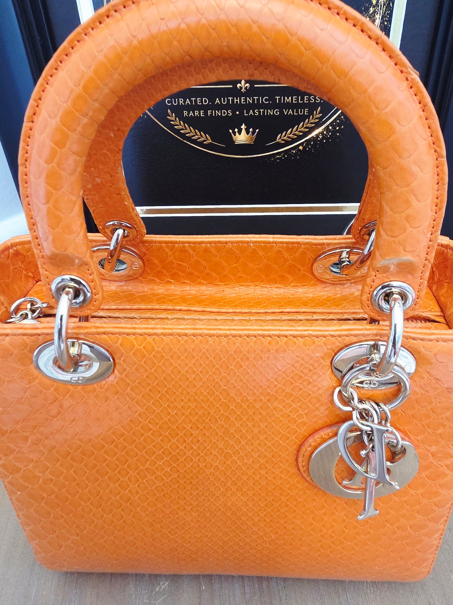 🧡 Christian Dior Medium Lady Dior Python Leather Bag in Orange with Silver Hardware & Strap