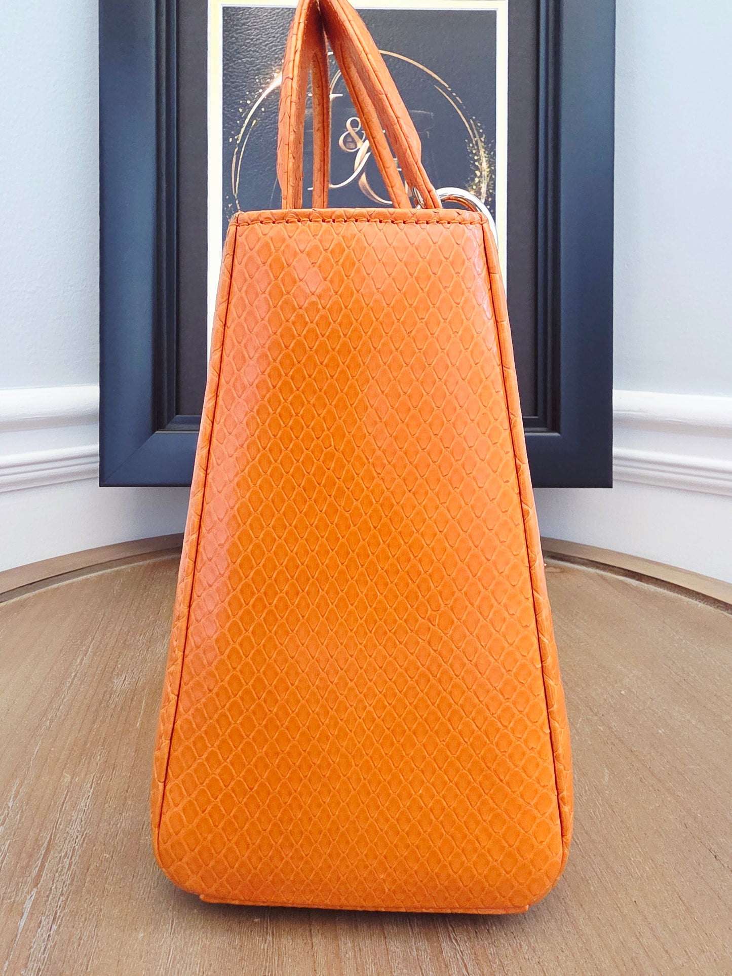 🧡 Christian Dior Medium Lady Dior Python Leather Bag in Orange with Silver Hardware & Strap