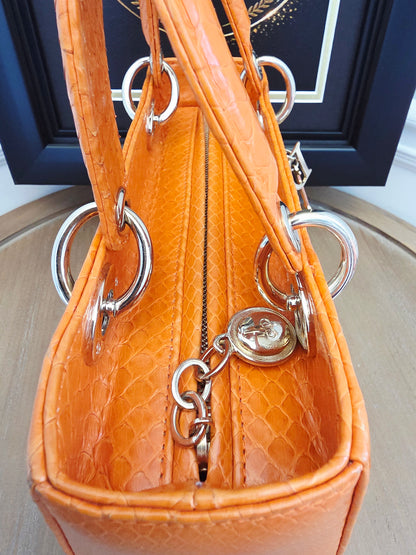 🧡 Christian Dior Medium Lady Dior Python Leather Bag in Orange with Silver Hardware & Strap