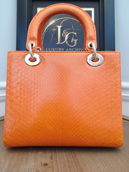 🧡 Christian Dior Medium Lady Dior Python Leather Bag in Orange with Silver Hardware & Strap