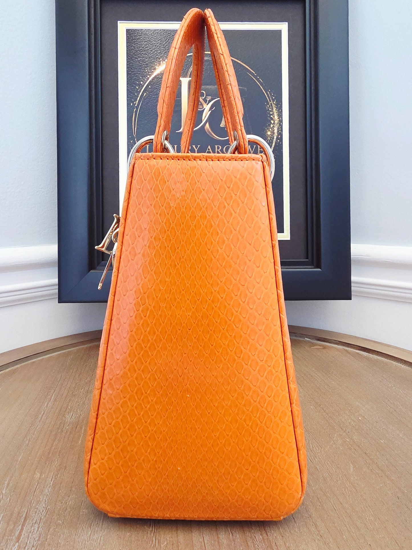 🧡 Christian Dior Medium Lady Dior Python Leather Bag in Orange with Silver Hardware & Strap
