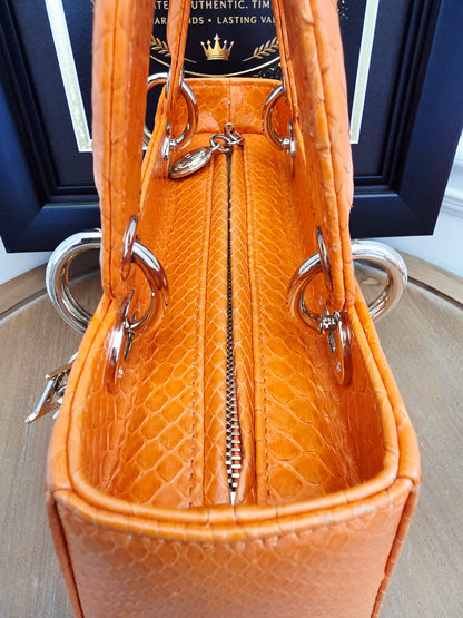 🧡 Christian Dior Medium Lady Dior Python Leather Bag in Orange with Silver Hardware & Strap
