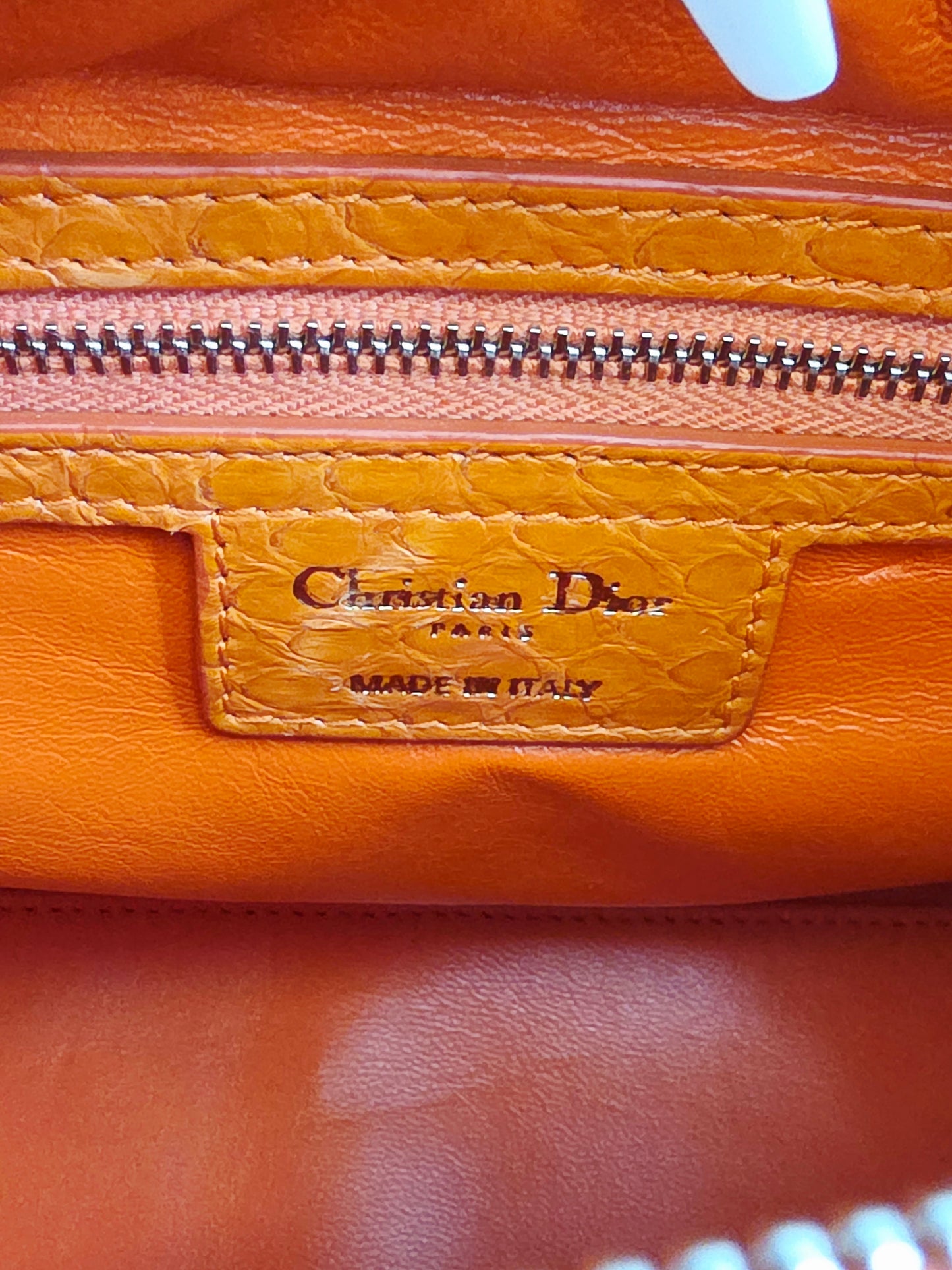 🧡 Christian Dior Medium Lady Dior Python Leather Bag in Orange with Silver Hardware & Strap