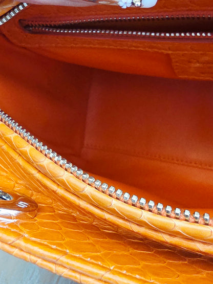 🧡 Christian Dior Medium Lady Dior Python Leather Bag in Orange with Silver Hardware & Strap