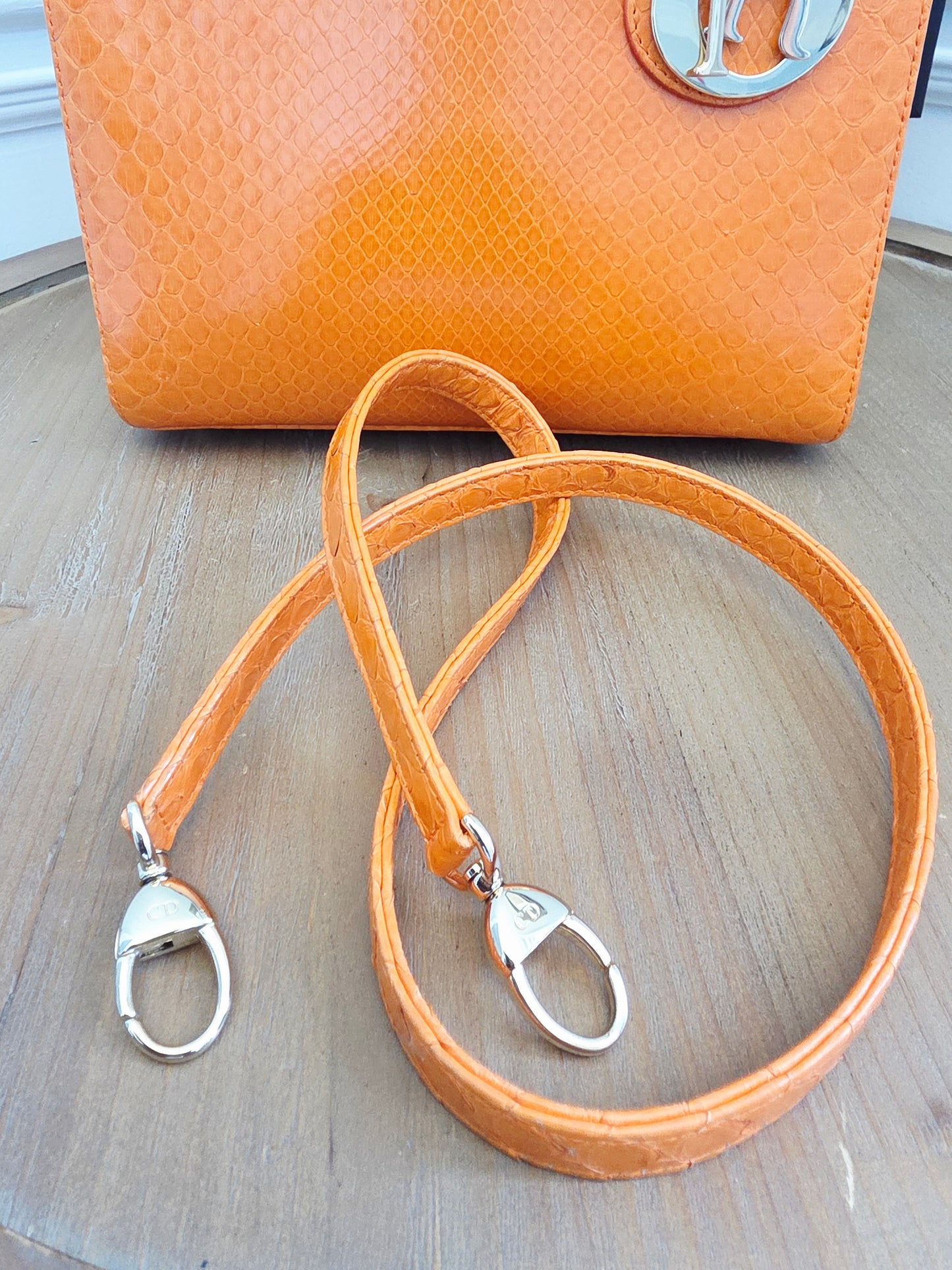 🧡 Christian Dior Medium Lady Dior Python Leather Bag in Orange with Silver Hardware & Strap