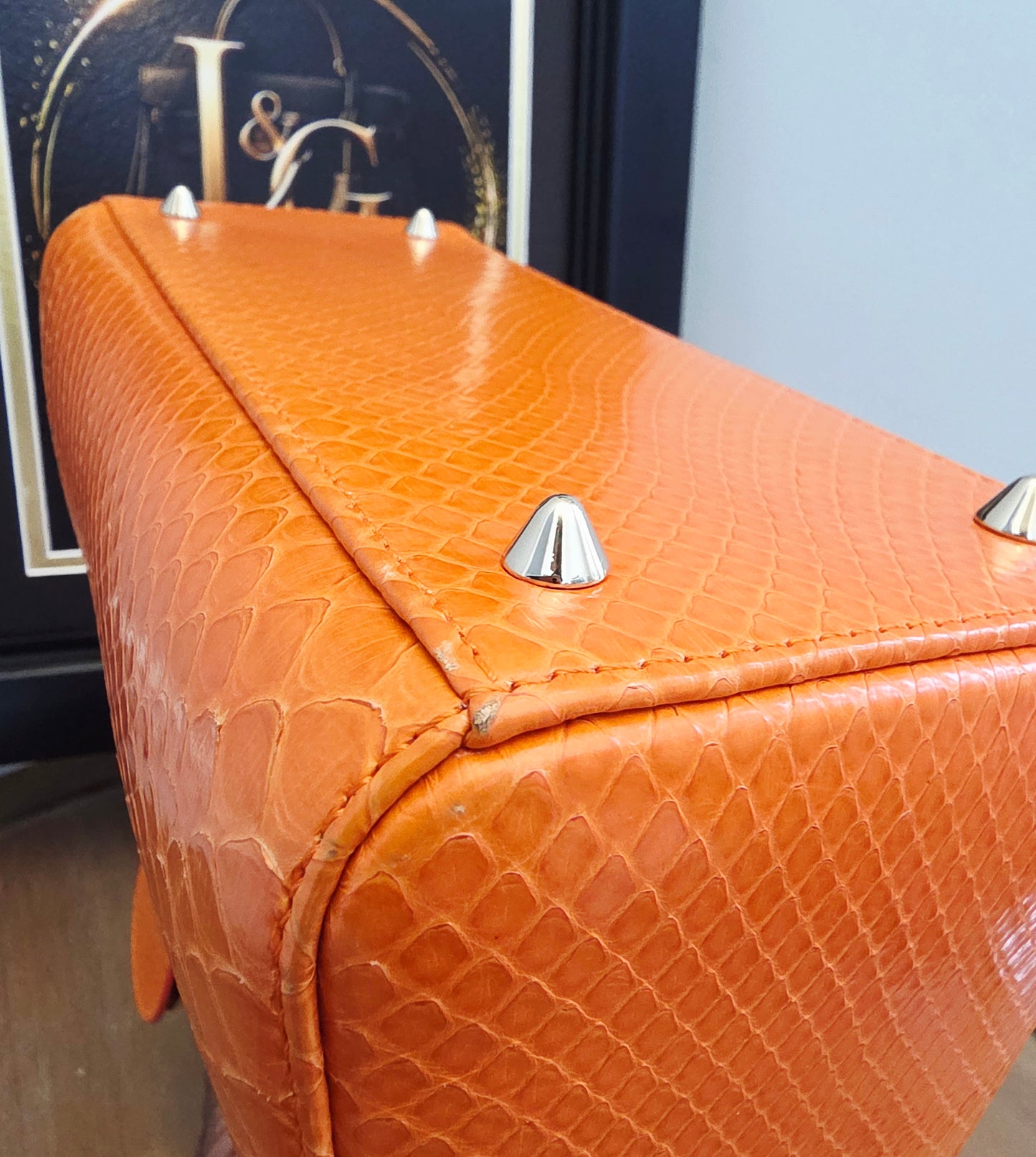 🧡 Christian Dior Medium Lady Dior Python Leather Bag in Orange with Silver Hardware & Strap