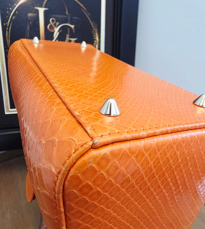 🧡 Christian Dior Medium Lady Dior Python Leather Bag in Orange with Silver Hardware & Strap