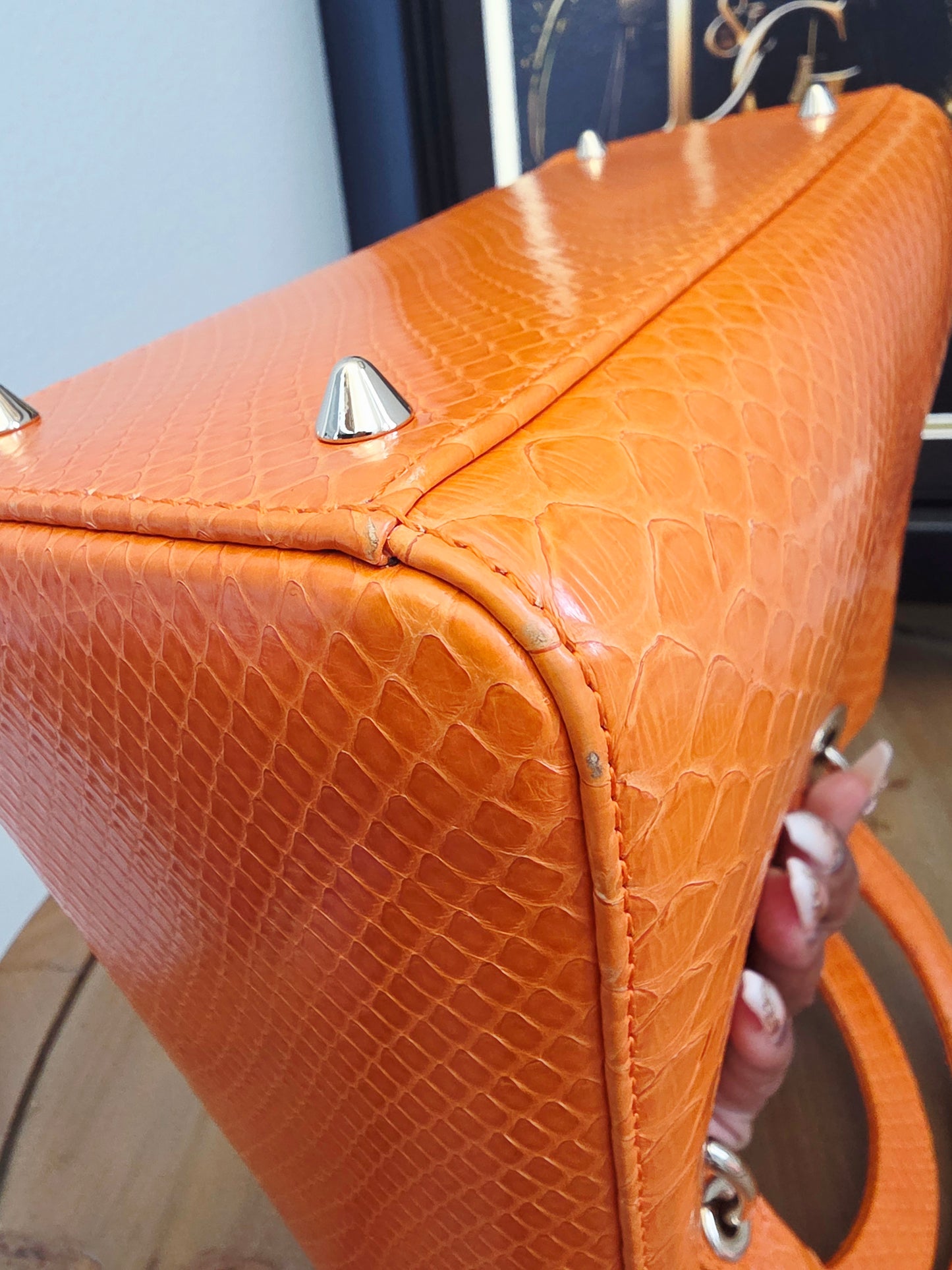 🧡 Christian Dior Medium Lady Dior Python Leather Bag in Orange with Silver Hardware & Strap