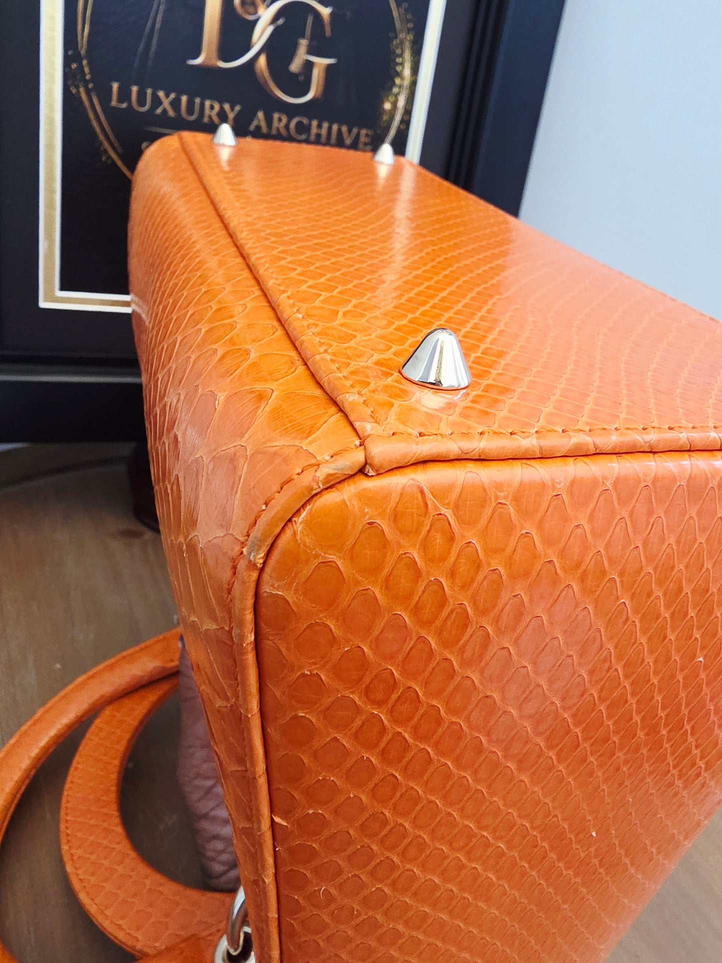 🧡 Christian Dior Medium Lady Dior Python Leather Bag in Orange with Silver Hardware & Strap