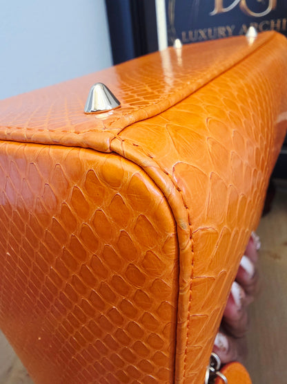 🧡 Christian Dior Medium Lady Dior Python Leather Bag in Orange with Silver Hardware & Strap