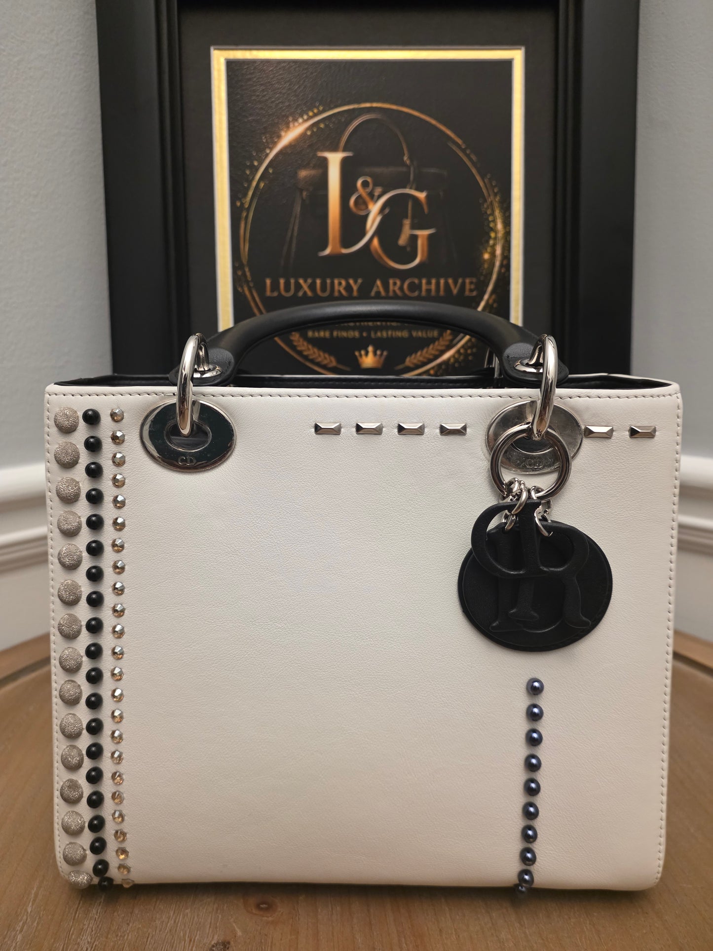 Christian Dior Diorissimo White & Black Leather Embellished Tote Bag with Silver Hardware, Strap, Charm & Authenticity Card