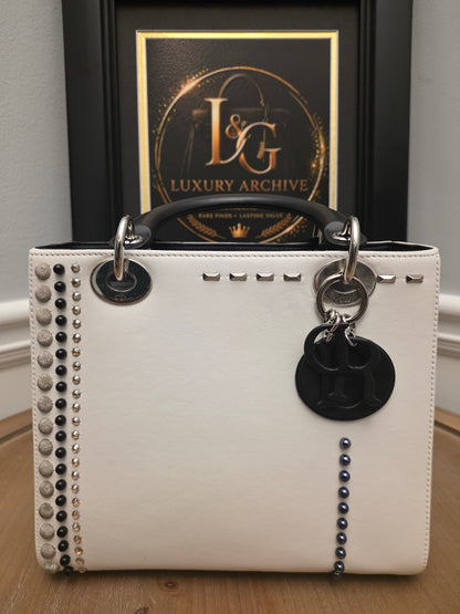 Christian Dior Diorissimo White & Black Leather Embellished Tote Bag with Silver Hardware, Strap, Charm & Authenticity Card
