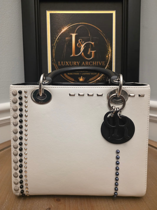 Christian Dior Diorissimo White & Black Leather Embellished Tote Bag with Silver Hardware, Strap, Charm & Authenticity Card