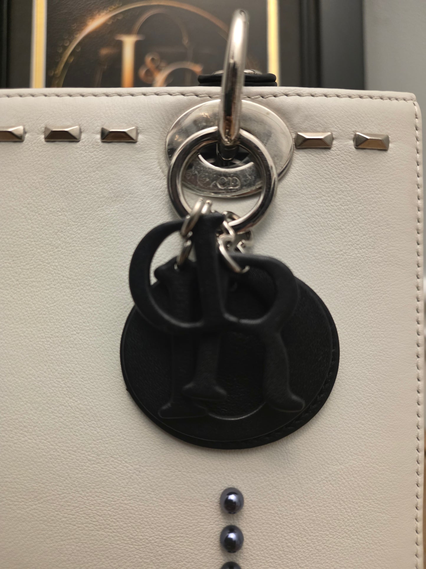 Christian Dior Diorissimo White & Black Leather Embellished Tote Bag with Silver Hardware, Strap, Charm & Authenticity Card