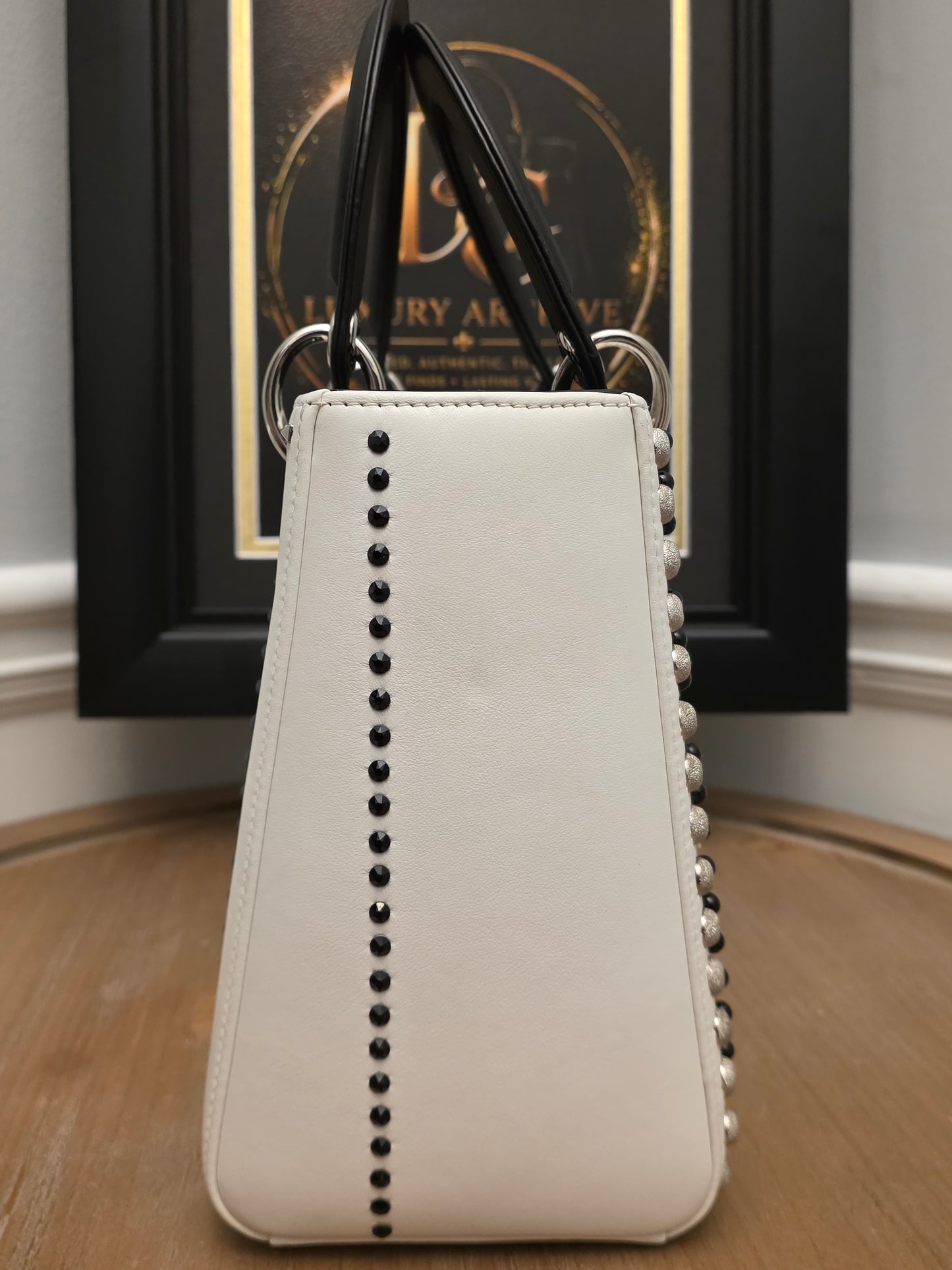 Christian Dior Diorissimo White & Black Leather Embellished Tote Bag with Silver Hardware, Strap, Charm & Authenticity Card