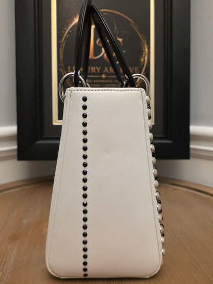 Christian Dior Diorissimo White & Black Leather Embellished Tote Bag with Silver Hardware, Strap, Charm & Authenticity Card