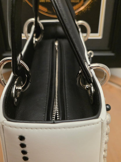 Christian Dior Diorissimo White & Black Leather Embellished Tote Bag with Silver Hardware, Strap, Charm & Authenticity Card
