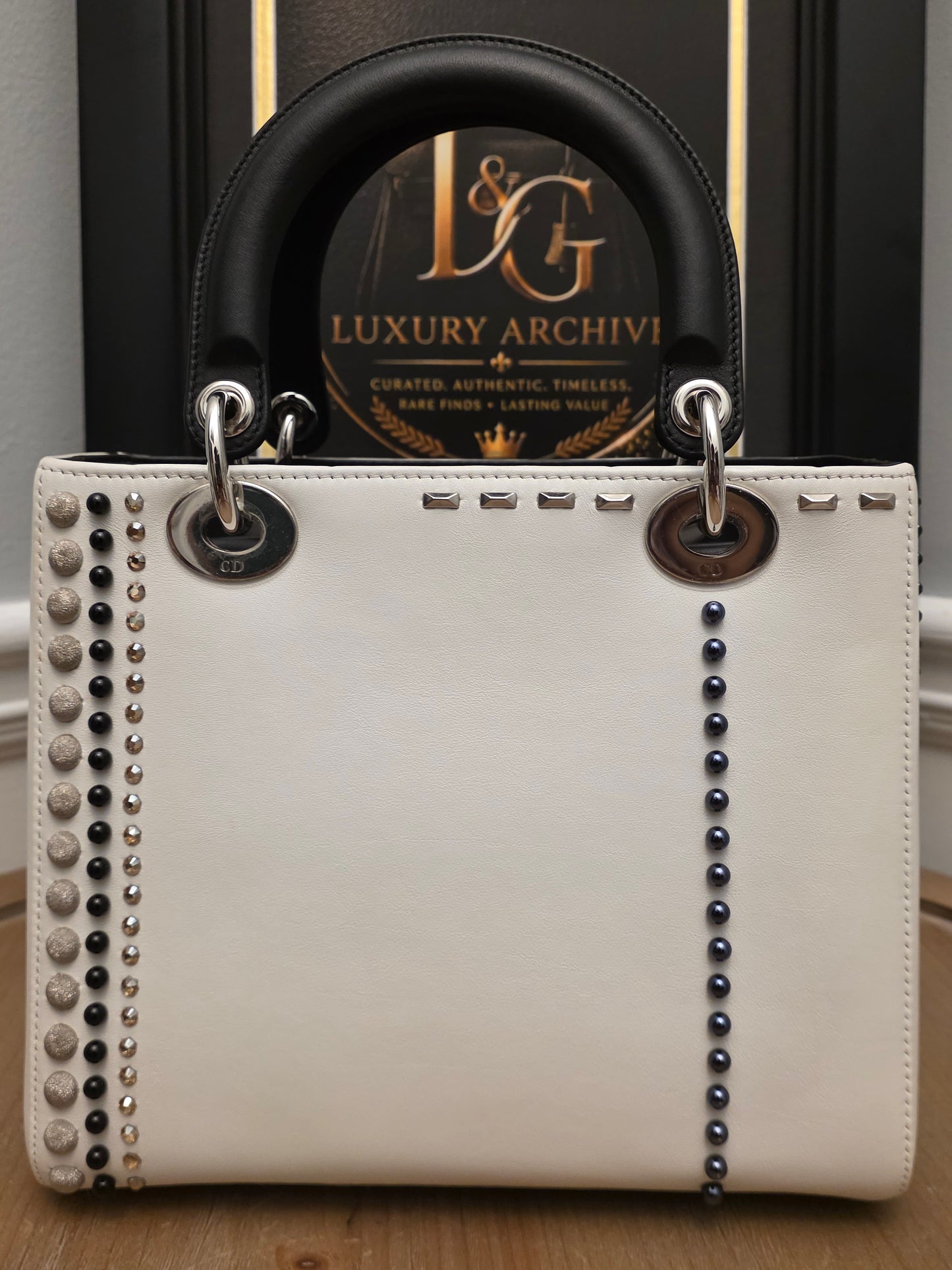 Christian Dior Diorissimo White & Black Leather Embellished Tote Bag with Silver Hardware, Strap, Charm & Authenticity Card