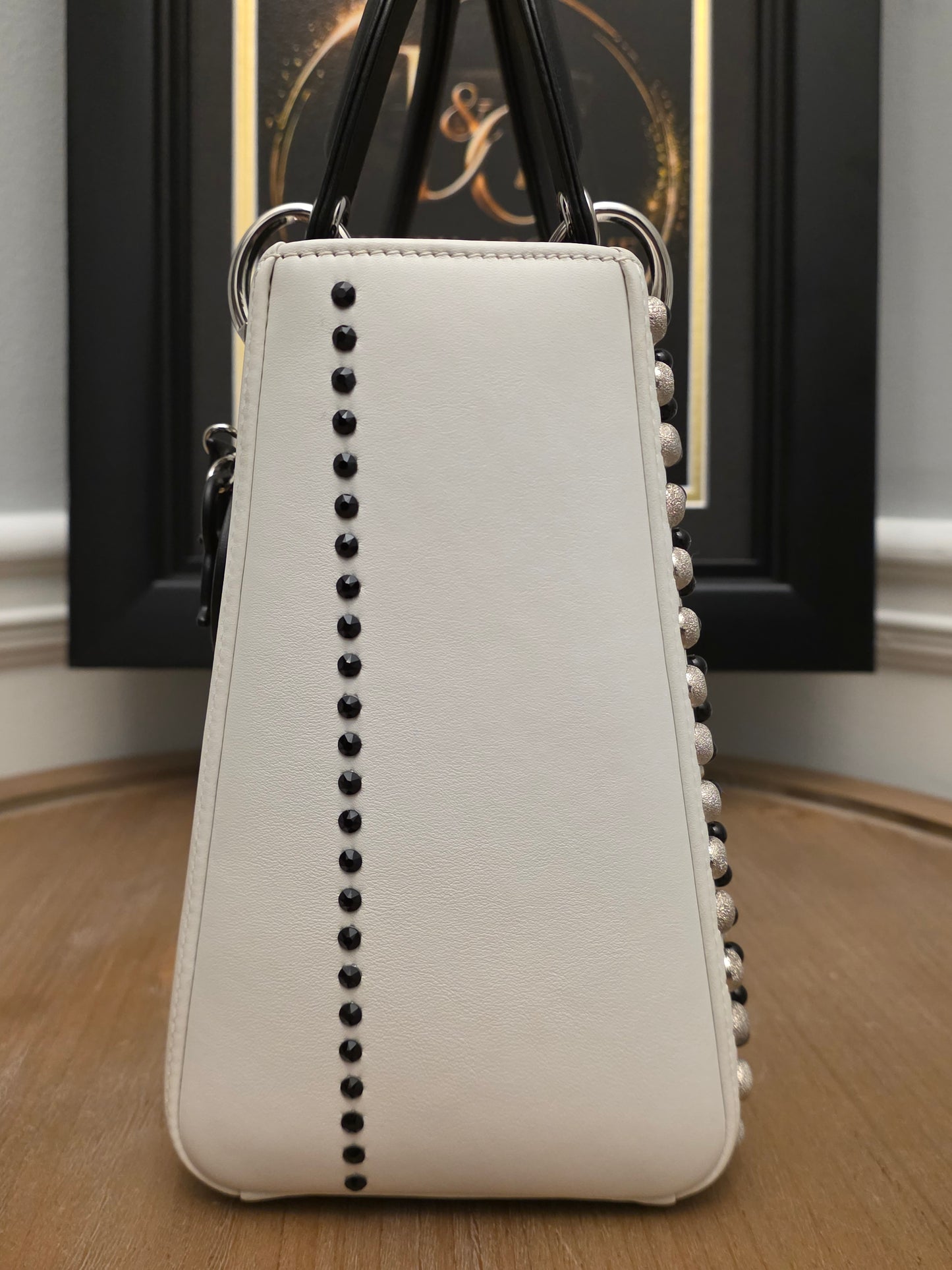 Christian Dior Diorissimo White & Black Leather Embellished Tote Bag with Silver Hardware, Strap, Charm & Authenticity Card