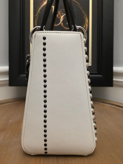 Christian Dior Diorissimo White & Black Leather Embellished Tote Bag with Silver Hardware, Strap, Charm & Authenticity Card