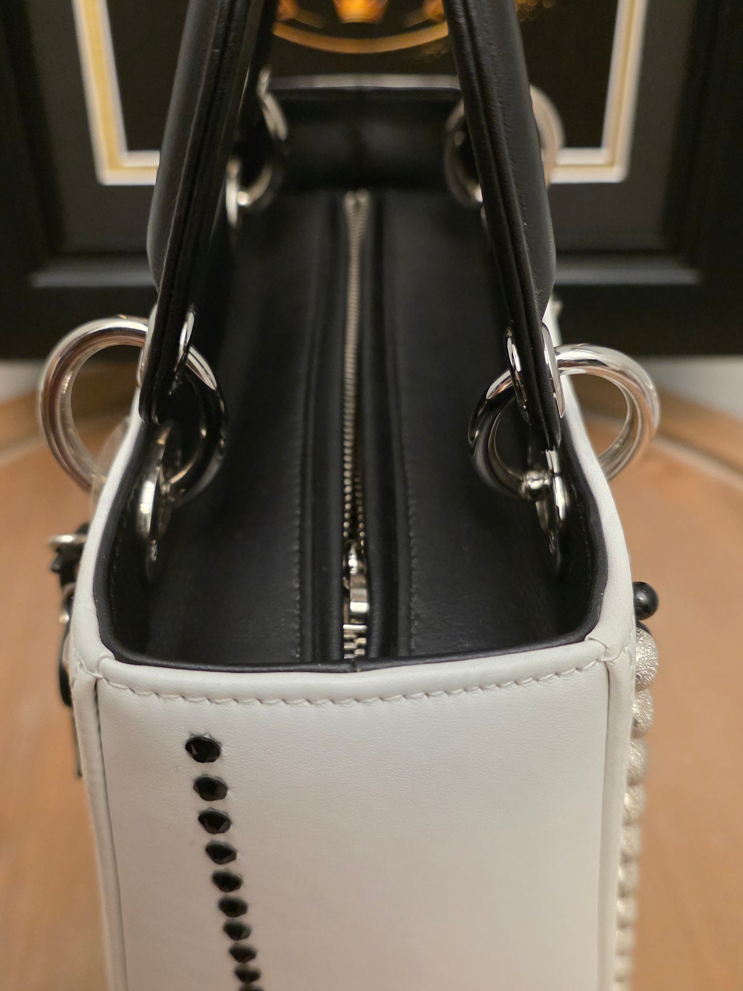Christian Dior Diorissimo White & Black Leather Embellished Tote Bag with Silver Hardware, Strap, Charm & Authenticity Card