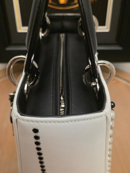 Christian Dior Diorissimo White & Black Leather Embellished Tote Bag with Silver Hardware, Strap, Charm & Authenticity Card
