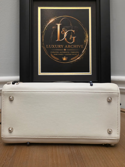 Christian Dior Diorissimo White & Black Leather Embellished Tote Bag with Silver Hardware, Strap, Charm & Authenticity Card