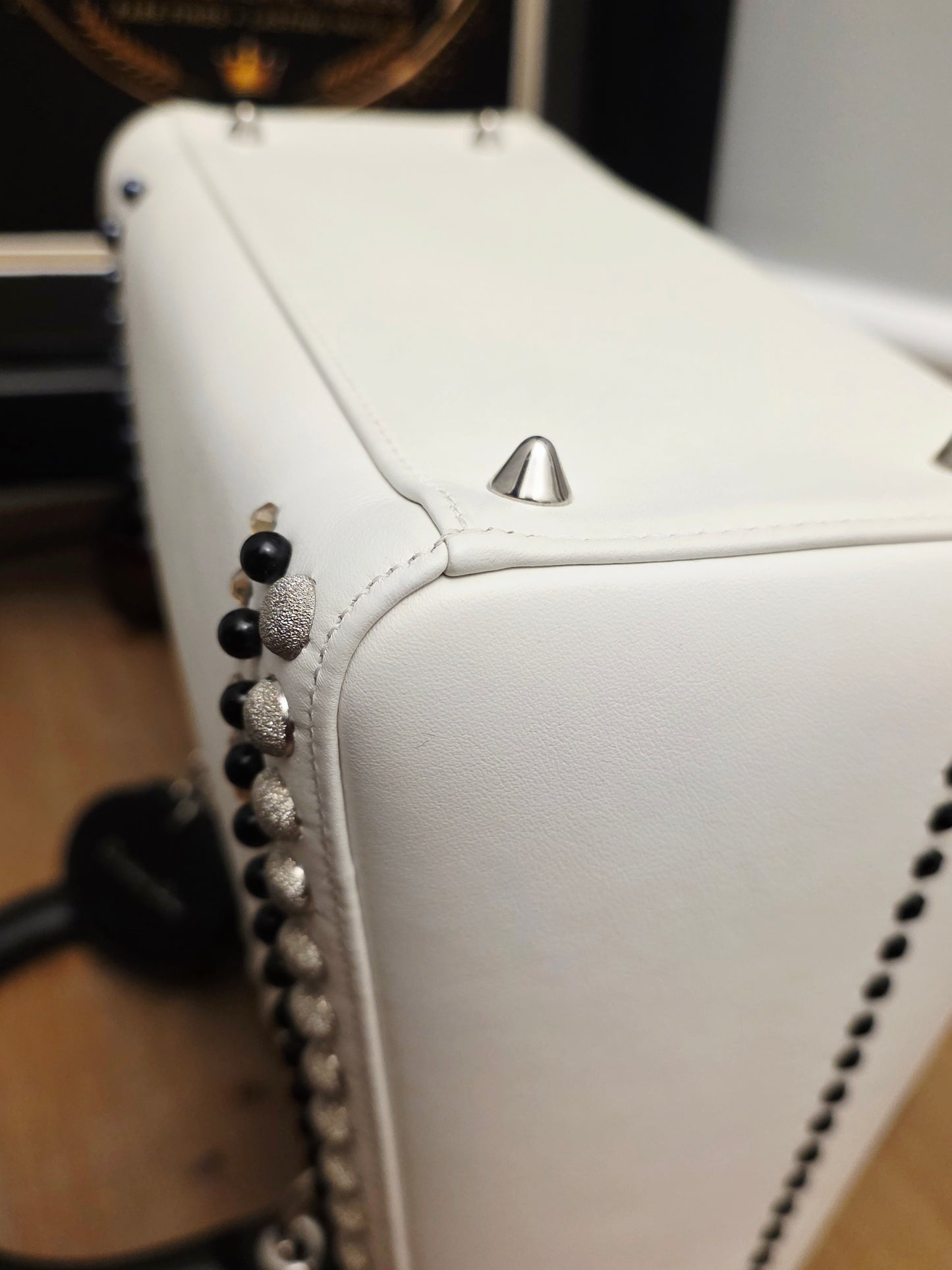 Christian Dior Diorissimo White & Black Leather Embellished Tote Bag with Silver Hardware, Strap, Charm & Authenticity Card