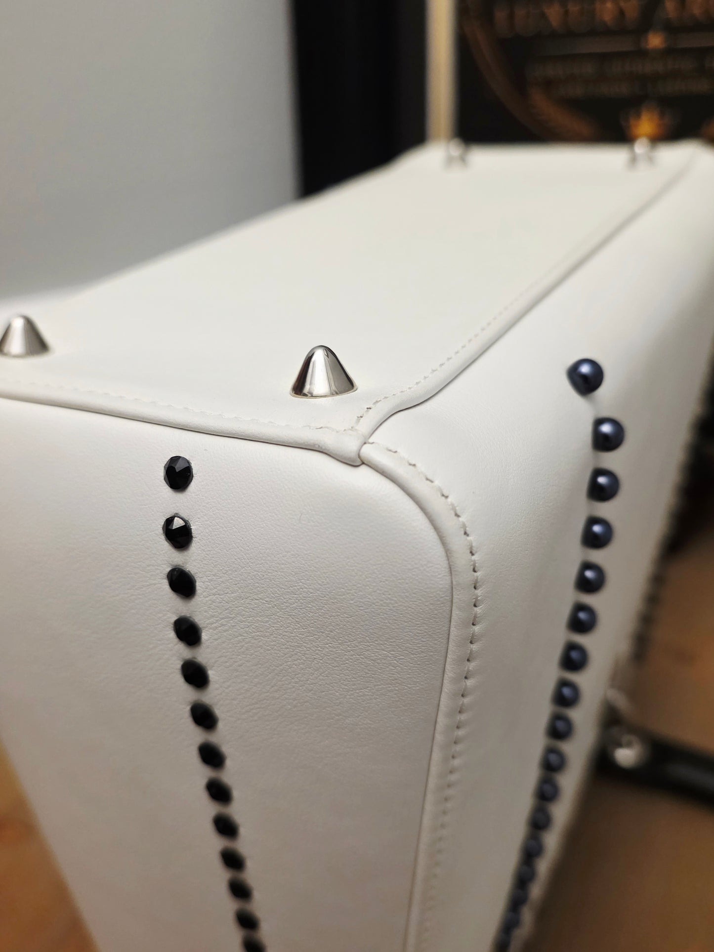 Christian Dior Diorissimo White & Black Leather Embellished Tote Bag with Silver Hardware, Strap, Charm & Authenticity Card