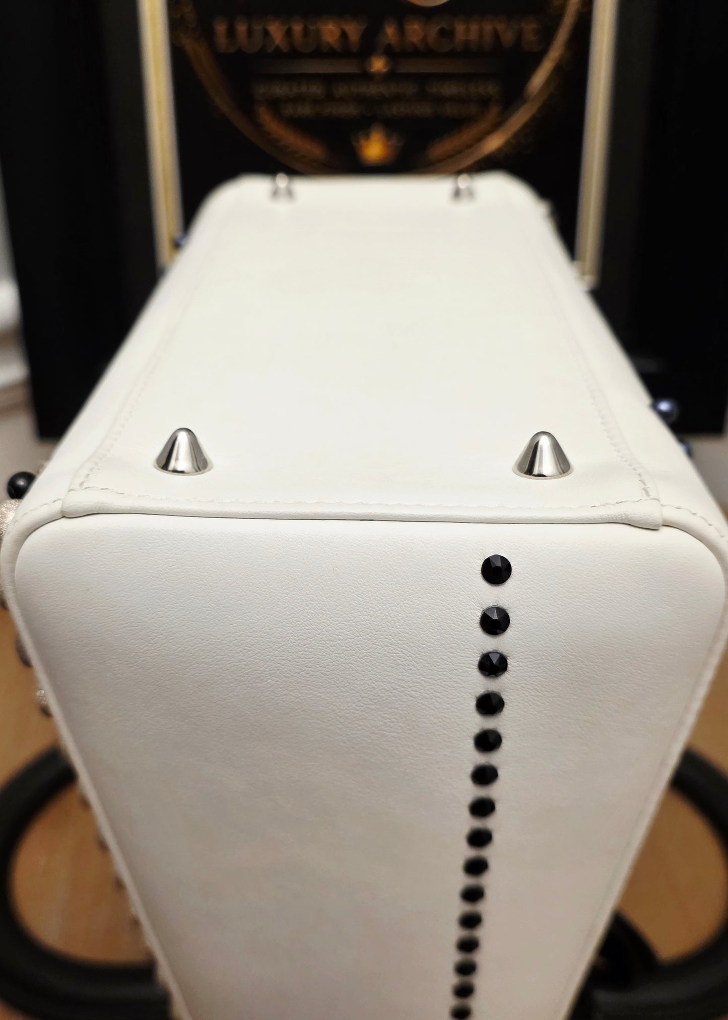 Christian Dior Diorissimo White & Black Leather Embellished Tote Bag with Silver Hardware, Strap, Charm & Authenticity Card