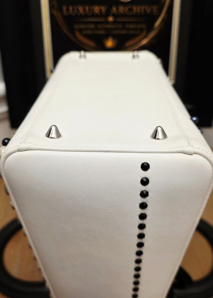 Christian Dior Diorissimo White & Black Leather Embellished Tote Bag with Silver Hardware, Strap, Charm & Authenticity Card