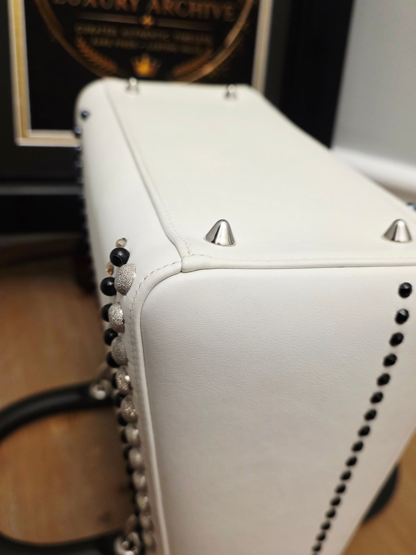 Christian Dior Diorissimo White & Black Leather Embellished Tote Bag with Silver Hardware, Strap, Charm & Authenticity Card