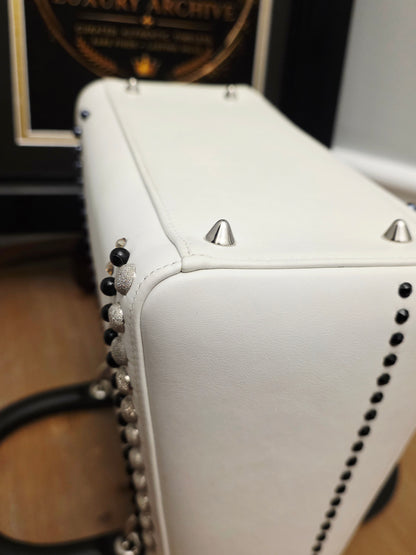 Christian Dior Diorissimo White & Black Leather Embellished Tote Bag with Silver Hardware, Strap, Charm & Authenticity Card