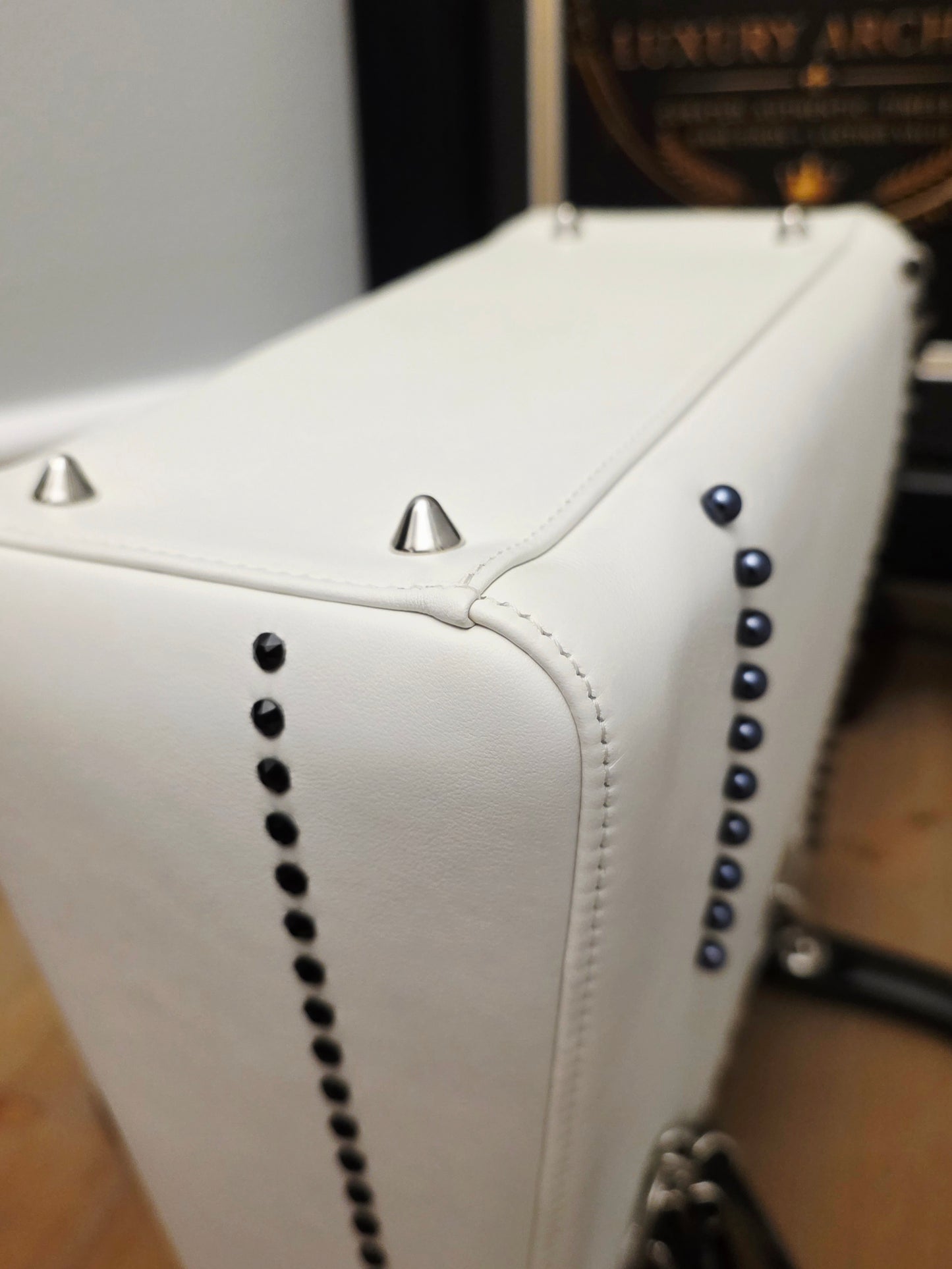 Christian Dior Diorissimo White & Black Leather Embellished Tote Bag with Silver Hardware, Strap, Charm & Authenticity Card