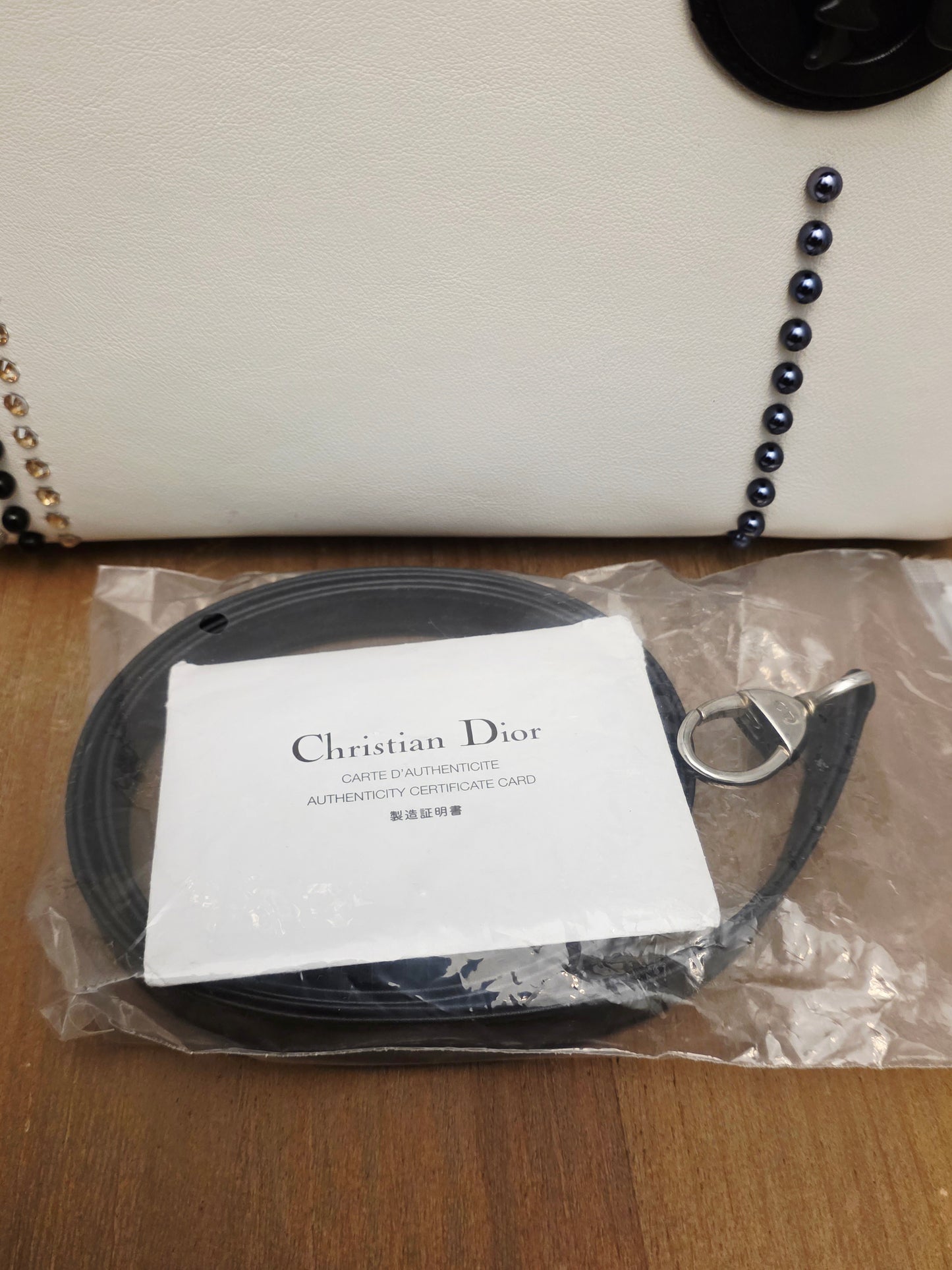 Christian Dior Diorissimo White & Black Leather Embellished Tote Bag with Silver Hardware, Strap, Charm & Authenticity Card