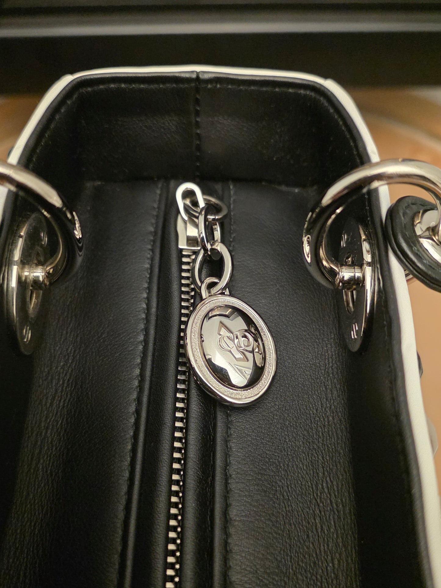 Christian Dior Diorissimo White & Black Leather Embellished Tote Bag with Silver Hardware, Strap, Charm & Authenticity Card