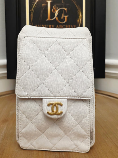 Chanel 25 White Quilted Caviar Leather Small/Medium Bucket Tote Bag Gold Hardware Full Set
